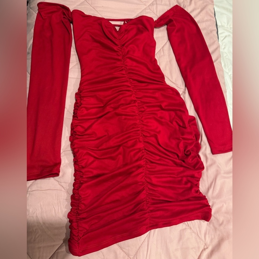 Temptations Red Ruched Bishop Sleeve Cocktail Dress